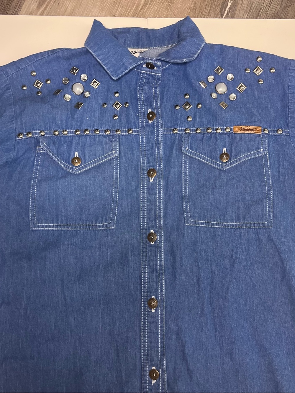 Vintage Dreams Embellished Blue Denim Button-Down Shirt